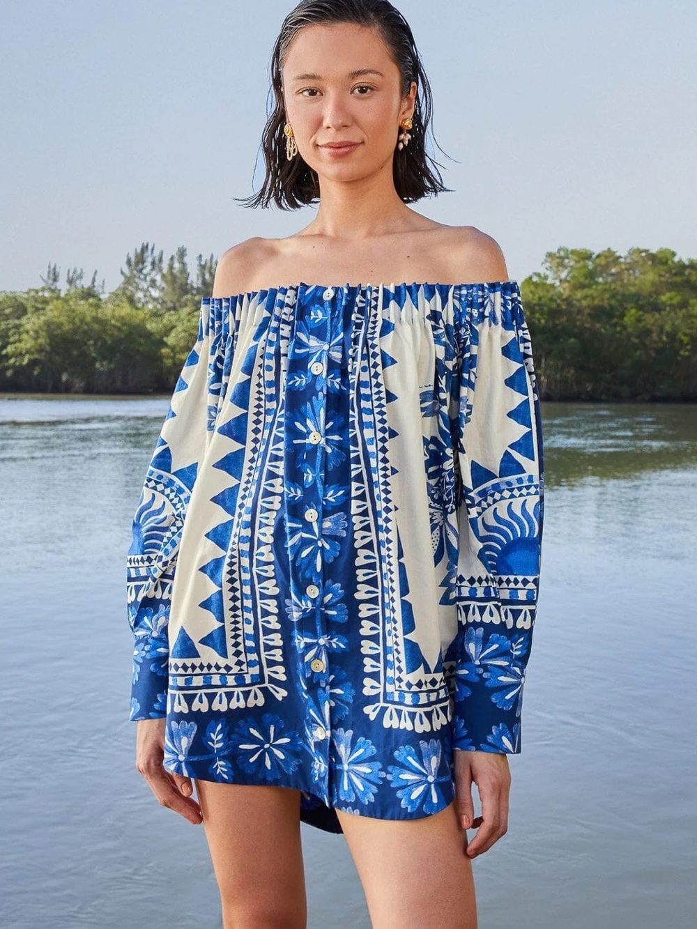 Farm Rio LARGE White Blue Flora Tapestry long sleeve off the shoulder blouse
